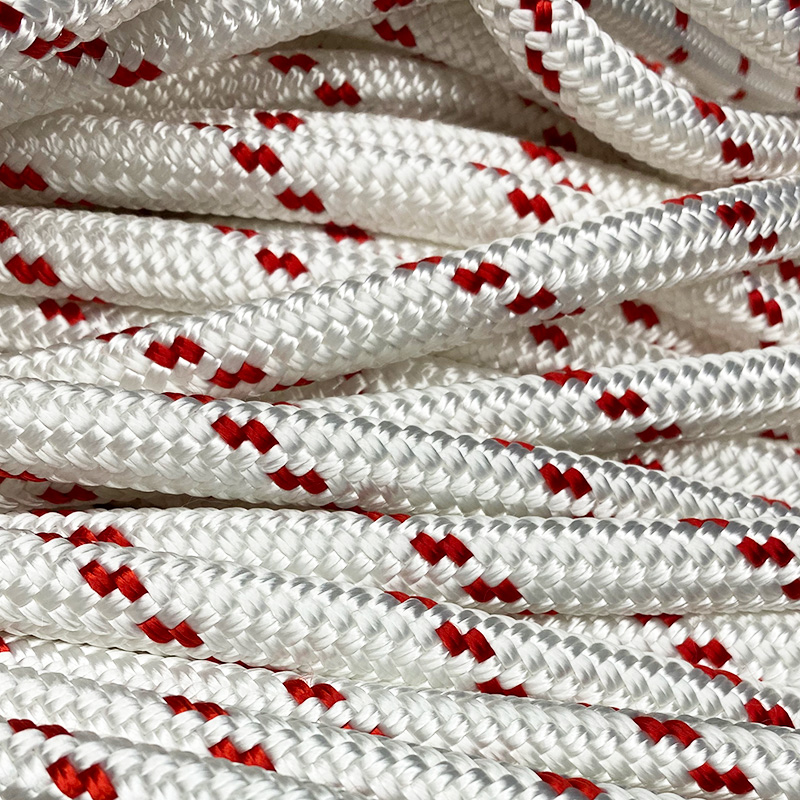 Miami Cordage Polyester Double Braid Rope in white and red patterns