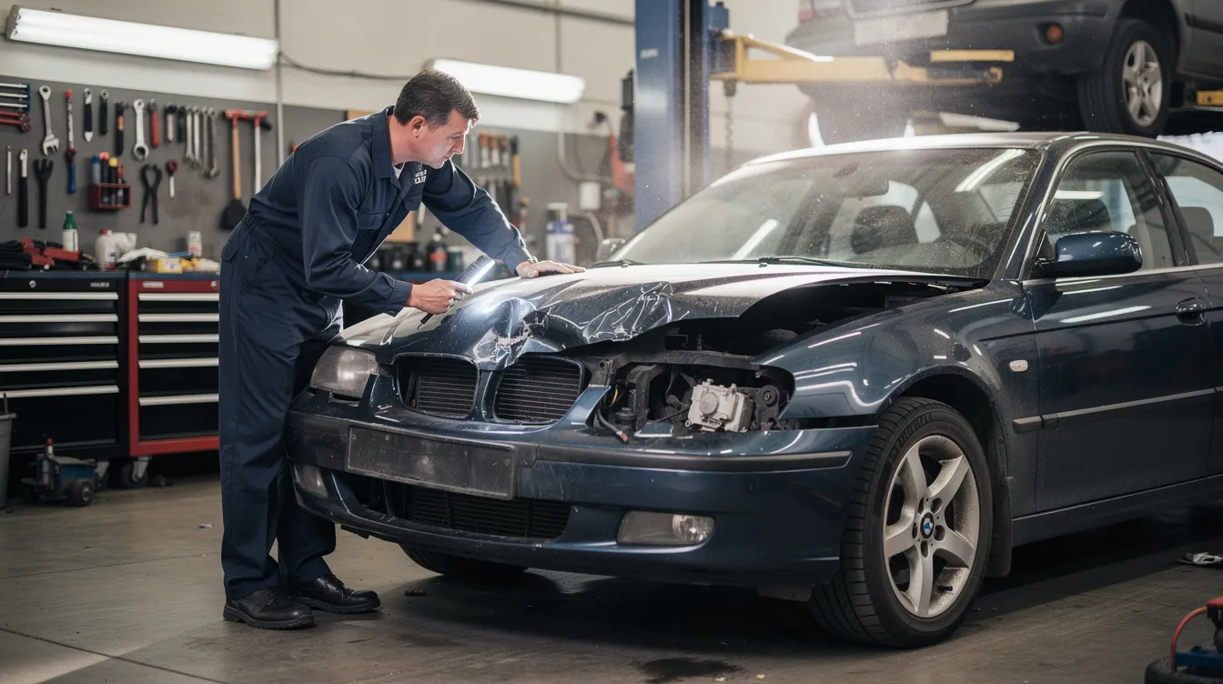 A mechanic is seen inspecting the front end of a damaged sedan in an auto body shop, assessing the vehicle damage likely resulting from a car accident. This inspection is an essential step in the claims process for filing an insurance claim with an insurance company like State Farm.