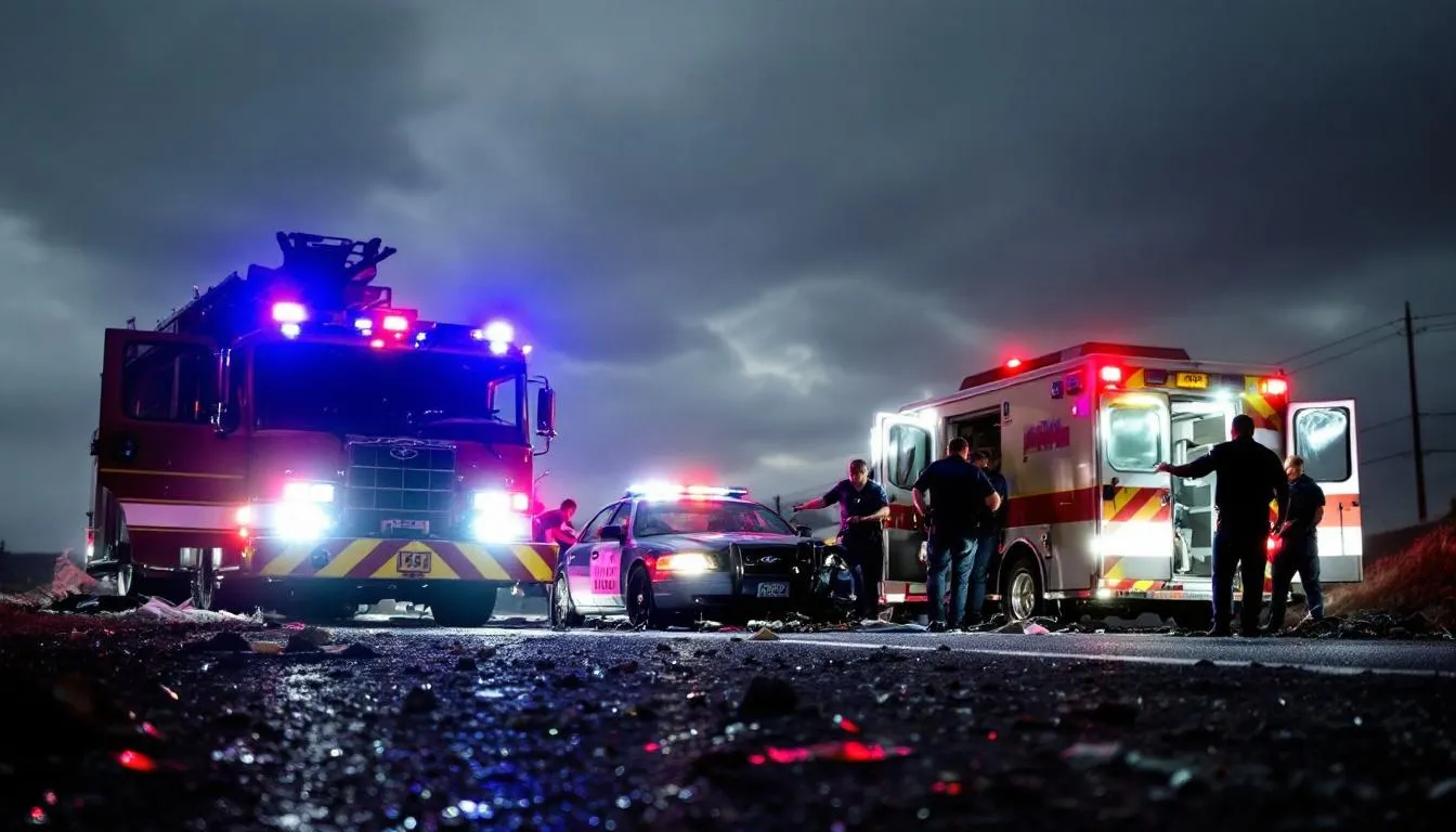 Emergency vehicles surround an accident scene, with paramedics tending to injured individuals and police officers directing traffic. The chaotic environment highlights the seriousness of the situation, where wrongful death claims may arise if negligence is involved.