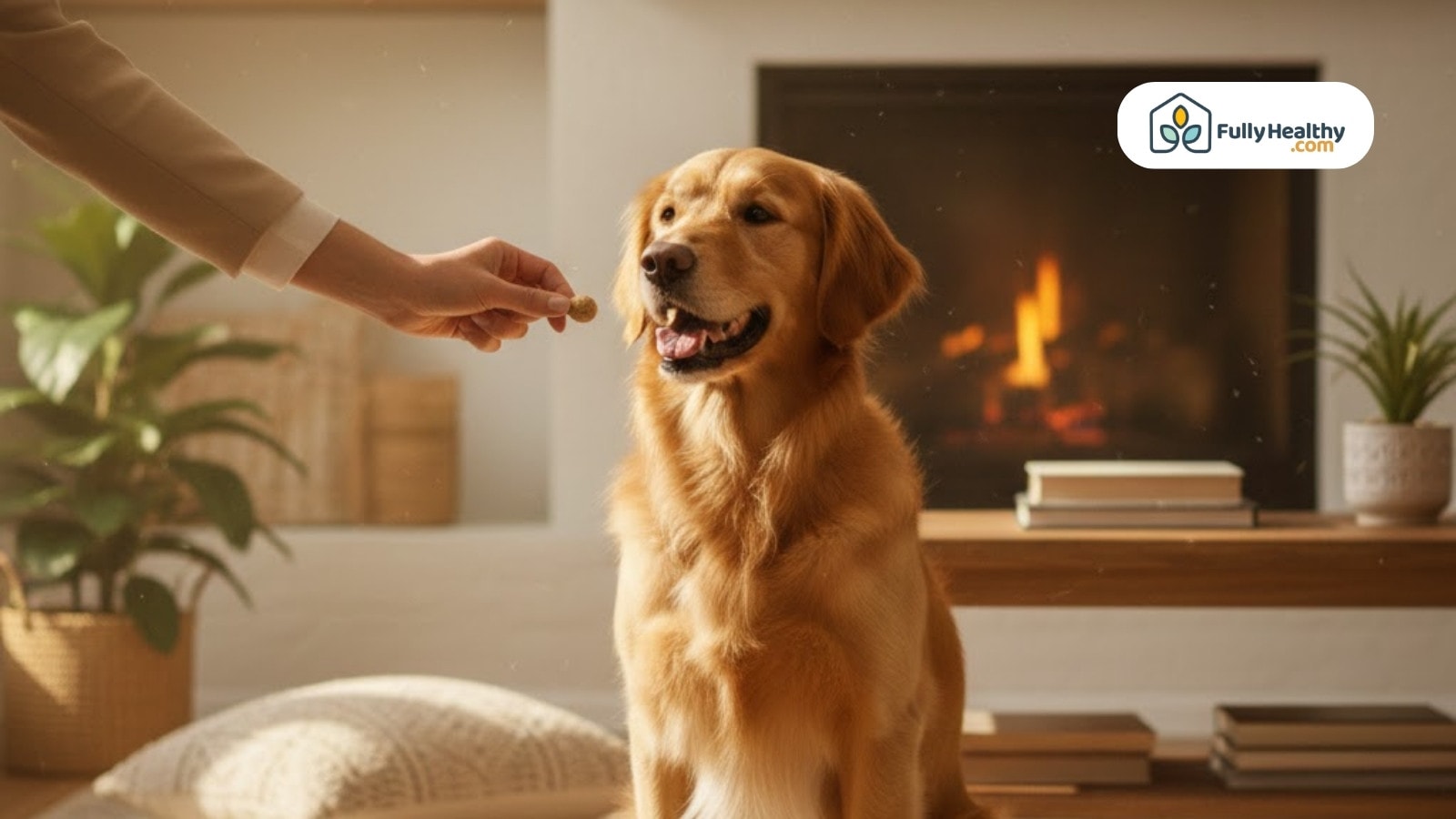 Hand giving treat to smiling golden retriever near cozy fireplace
