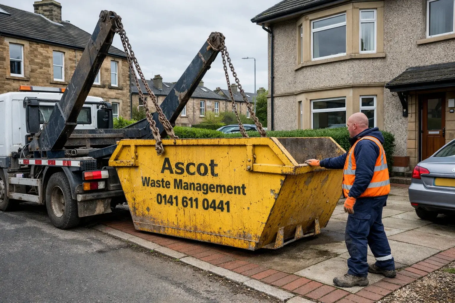 Skip being delivered by a skip hire company onto a driveway in Glasgow