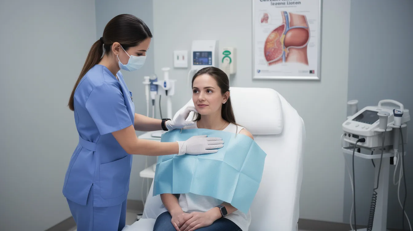 Un profesional de salud está realizando un examen clínico de mama a una paciente en un entorno hospitalario, observando cuidadosamente la forma y el estado de los senos, incluyendo la posible presencia de pezones invertidos o anomalías en el tejido mamario. La atención se centra en la detección temprana de signos de cáncer de mama y en la salud general de la paciente.
