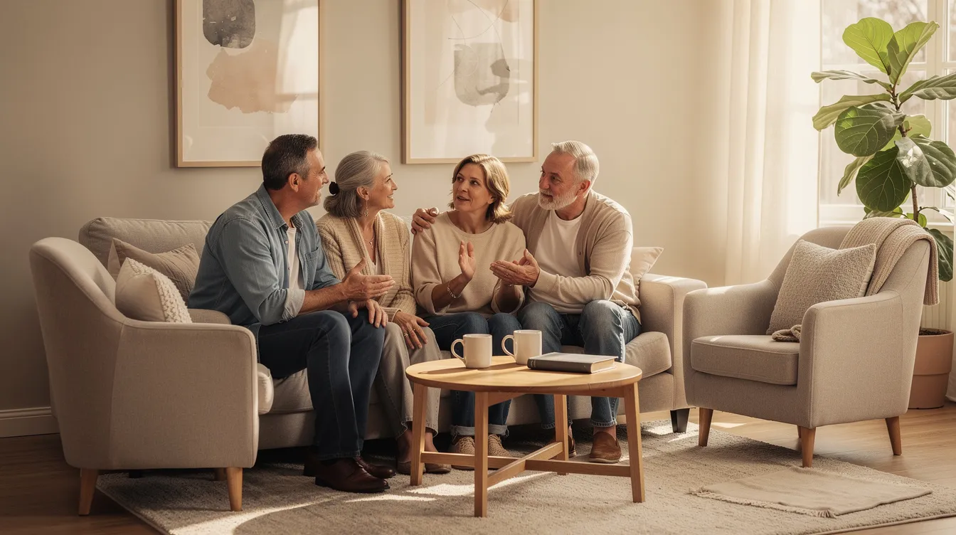 A family is gathered in a cozy living room, engaged in a thoughtful conversation that highlights the emotional toll of caregiving responsibilities. They share their experiences and support each other, emphasizing the importance of seeking help for caregiver burnout and maintaining their own health amidst the physical and emotional demands of caring for a loved one.