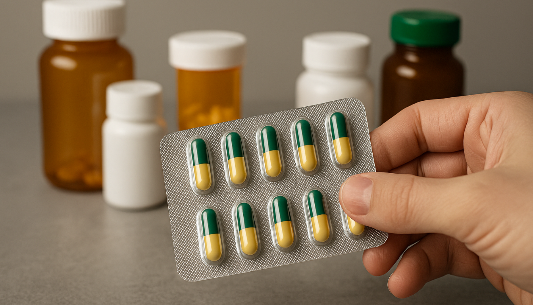 Hånd holder en blisterpakke med grønne og gule kapsler foran medisinflasker på bord. penicillin of the penicillin g penicillin v the and lactam antibiotics penicillin and beta lactam antibiotics beta lactam are penicillins that with antibiotics infections bacterial antibiotic lactam drug penicilliner bruk standard you bakterier brukes infection take ulike antibiotika sammen virker bør infeksjoner ampicillin group form derfor type under bedre time times vanlig tract per egenskaper day transpeptidase before regel 2013 2024 1928 2025