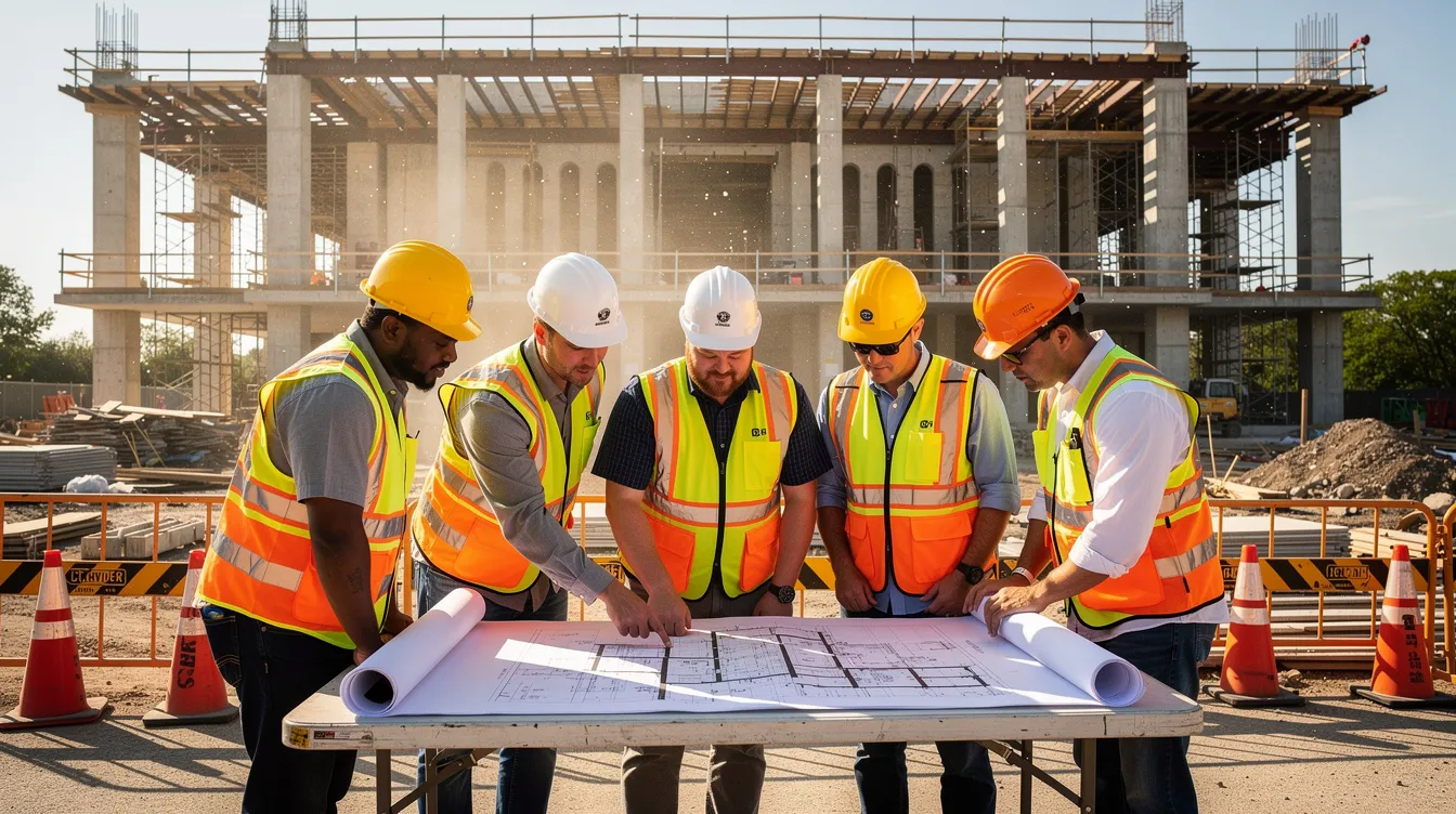 A group of construction workers in hard hats and safety vests are gathered at a public building jobsite in eastern Pennsylvania, intently reviewing blueprints and plans. This scene reflects the ongoing development and collaboration within the construction industry, highlighting the importance of safety and skills in advancing new construction projects.