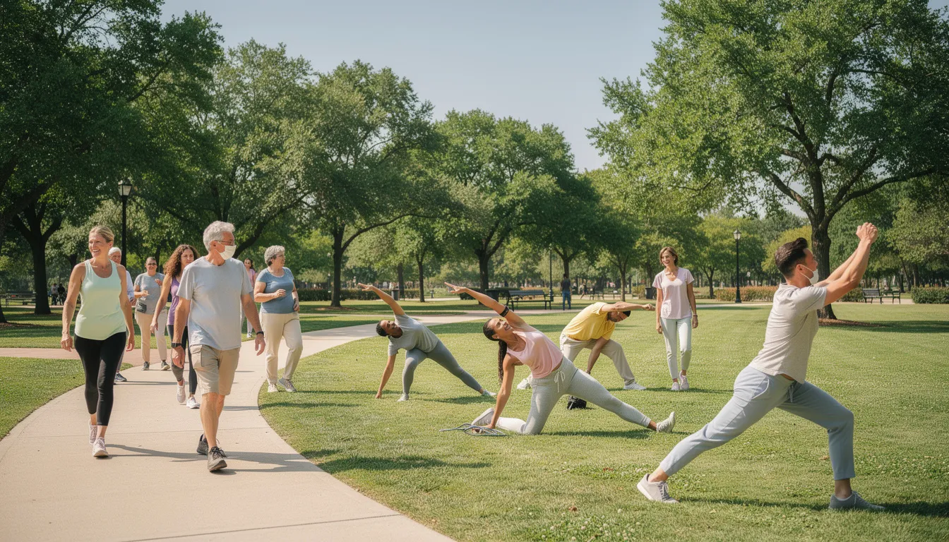 A diverse group of healthy adults, including women and men, are actively engaged in various physical activities such as walking and stretching in a bright outdoor setting, promoting energy and healthy thyroid function. They wear casual athletic attire, including an American Crest hoodie, showcasing a commitment to a gluten-free and dairy-free lifestyle.