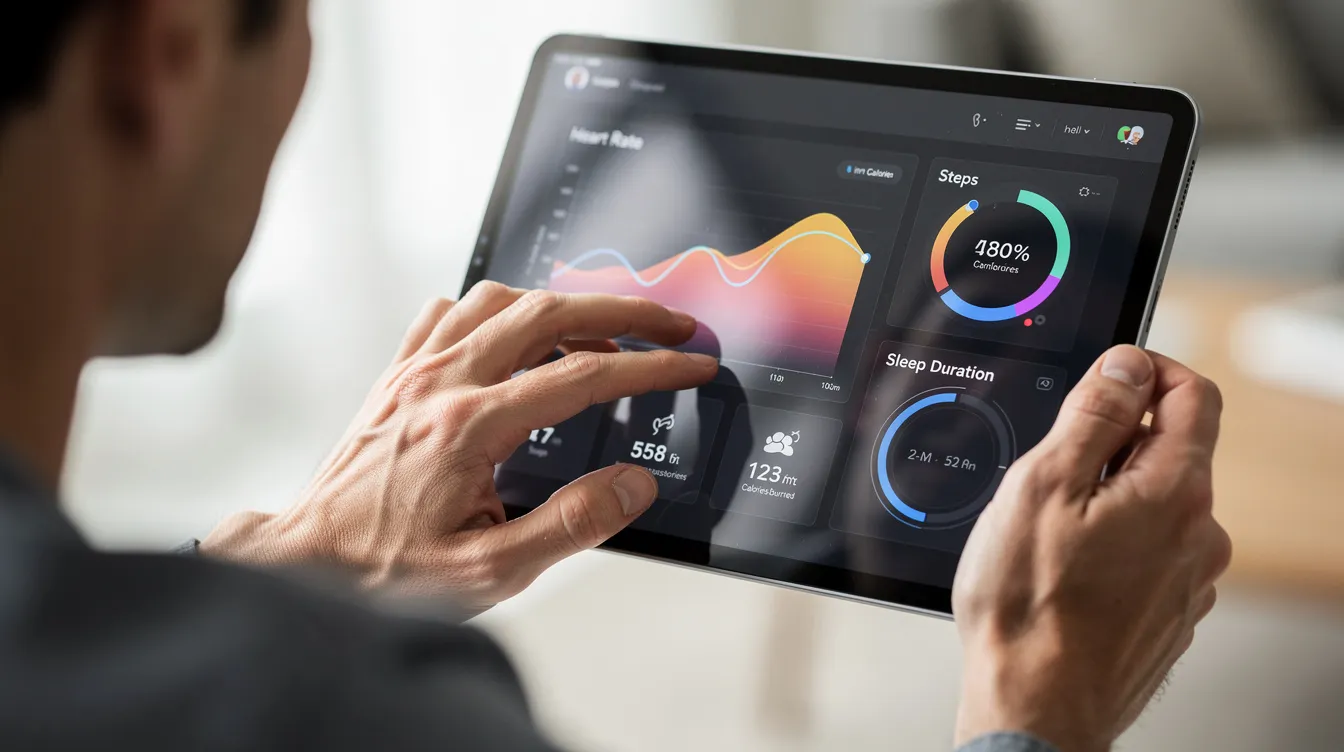 The image shows a person's hands interacting with a tablet that displays health tracking data, including vital signs and patient data relevant to personalized medicine and treatment plans. This modern approach to health care emphasizes the importance of individualized treatment strategies for managing conditions like cancer and cardiovascular disease.