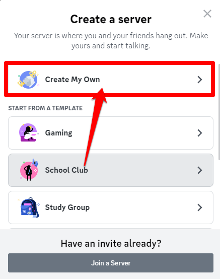 Screenshot illustrating the pop-up asking you to create or join a server