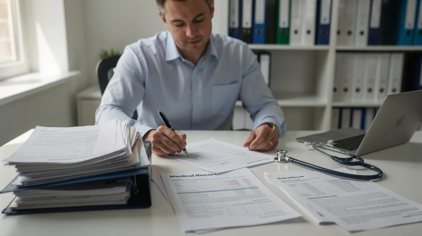 The image shows a person at a desk, carefully reviewing paperwork and medical documents related to a workers compensation claim, highlighting the importance of understanding medical expenses and lost wages for injured workers. This scene emphasizes the role of workers compensation attorneys in navigating the complex workers compensation system in Denver, CO.