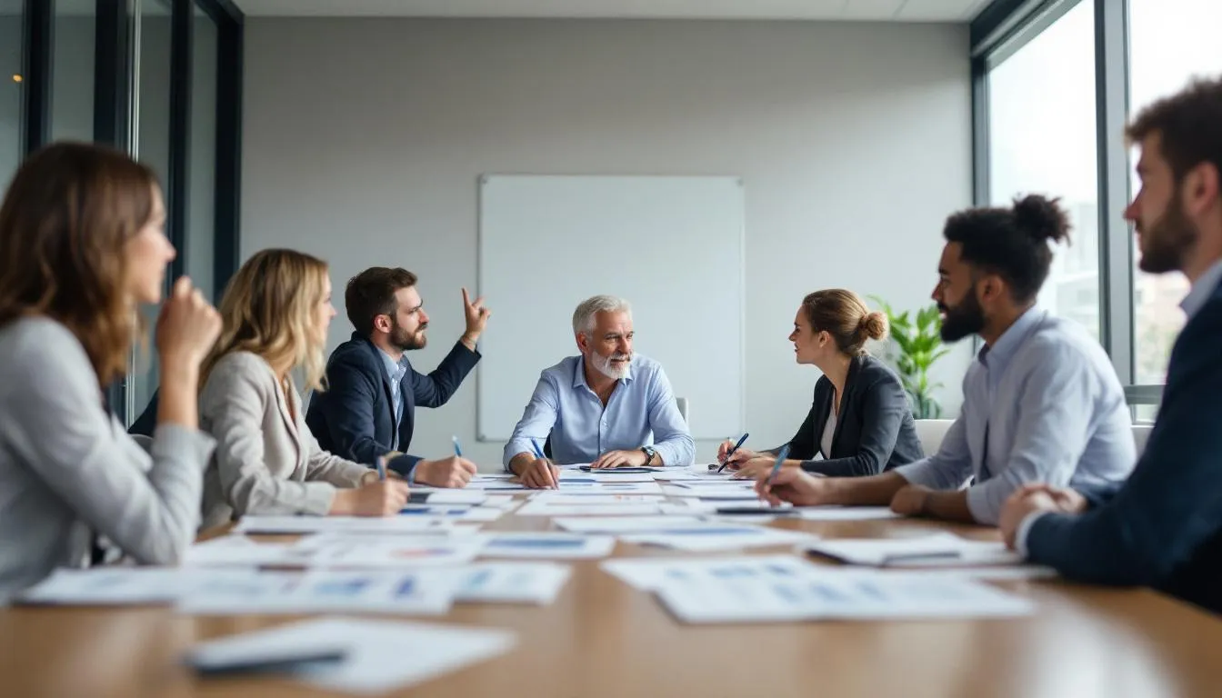 In einem Besprechungsraum diskutiert das HR-Team mit Führungskräften die hohe Krankheitsquote einzelner Abteilungen, um Ursachen zu analysieren und Maßnahmen zur Verbesserung des Fehlzeitenmanagements zu entwickeln. Auf dem Tisch liegen Diagramme und Kennzahlen, die die Anzahl der Krankheitstage und die Fehlzeitenquote der Mitarbeitenden darstellen.