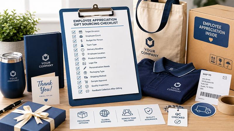 Employee appreciation gift sourcing checklist with packaging, shipping, personalization, sample approval and quality inspection steps