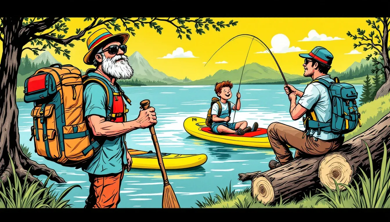 Outdoor gear for adventurous dads, featuring items like backpacks and paddle boards, perfect for outdoor activities.