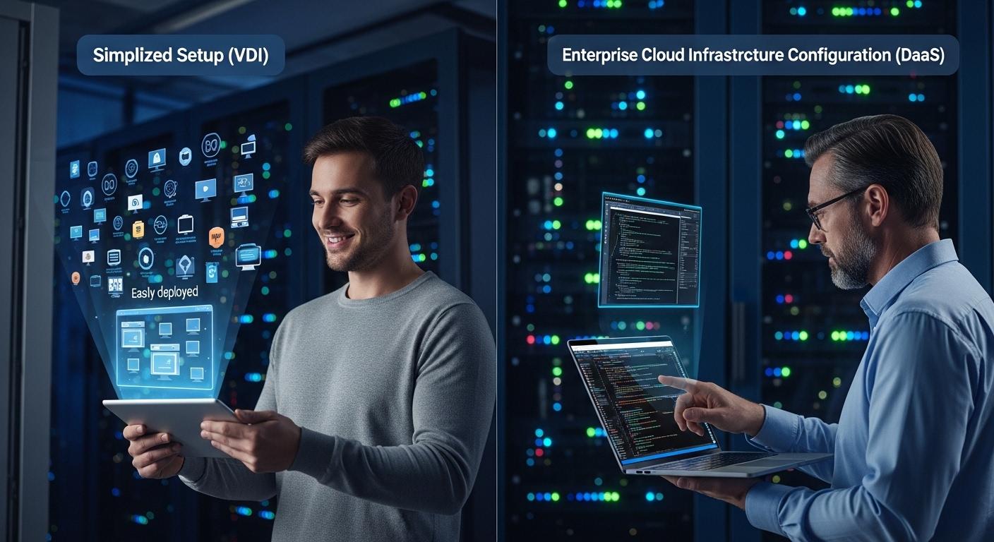 IT administrators deploying virtual desktops through two different approaches, comparing simplified setup with enterprise cloud infrastructure configuration.