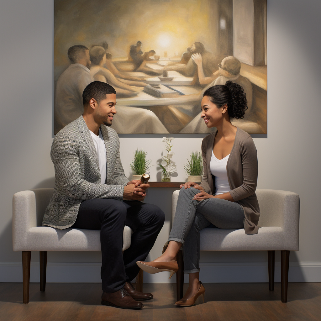 Rejuvenated couple embraces in their New York City home, a testament to their successful treatment of Adult ADHD at 'Loving at Your Best Marriage and Couples Counseling'. Their faces glow with satisfaction and renewed connection, framed by a picturesque view behind them.
