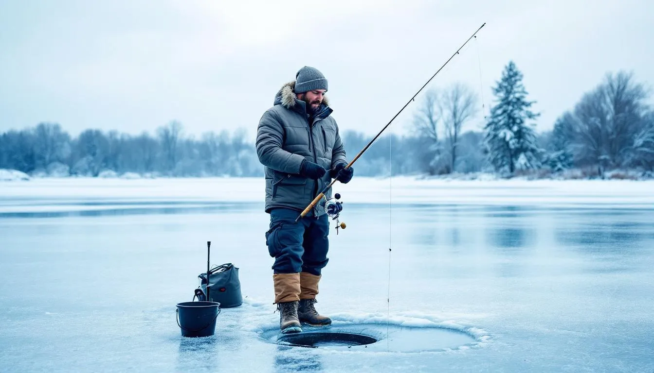 Wędkarz w zimowej odzieży stoi na zamarzniętym jeziorze, przygotowując sprzęt do łowienia ryb. Wokół niego rozciąga się pokryta lodem powierzchnia wody, a w jego rękach widać wędkę oraz przynętę, co sugeruje aktywność w zimowym wędkowaniu.