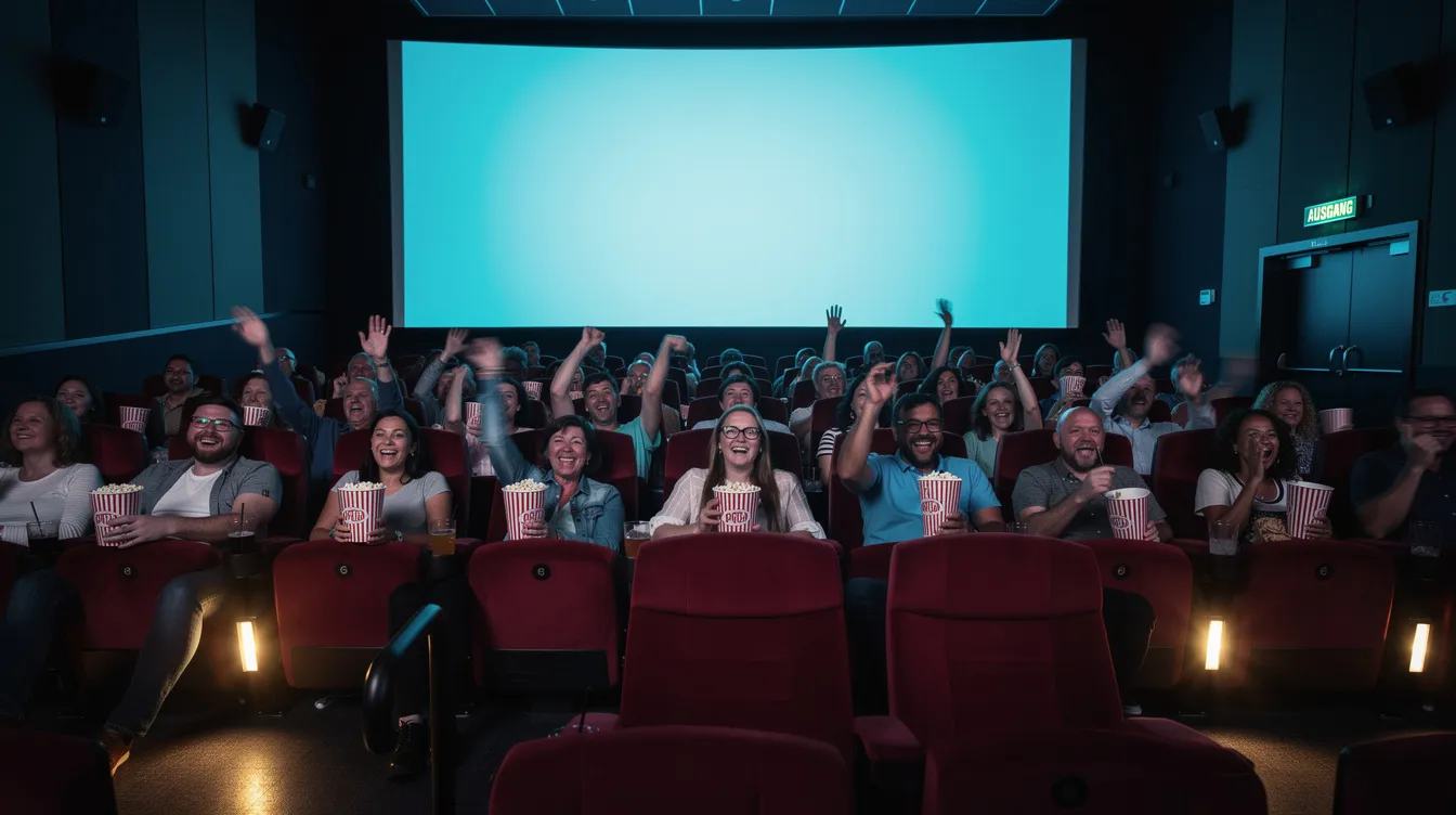 Im Kinosaal sitzen zahlreiche Zuschauer, die gebannt einer Filmvorführung folgen. Die Begeisterung der Fans, die möglicherweise auch die Harry Potter Reihe lieben, ist spürbar, während sie in die Geschichte eintauchen.