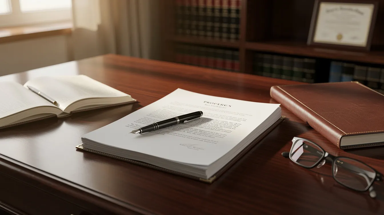 The image depicts a professional attorney's office desk, neatly arranged with legal documents, a pen, and bathed in warm natural lighting. This setting suggests a focus on non compete agreements and the protection of employer's legitimate business interests, providing a conducive environment for legal discussions and negotiations.