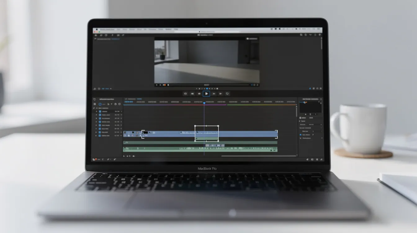 The image shows a laptop screen displaying a video editing timeline, featuring trim markers at both the beginning and end of a clip, illustrating the recording process with an intuitive interface for users. This setup is essential for managing saved recordings and highlights key points in the editing workflow.