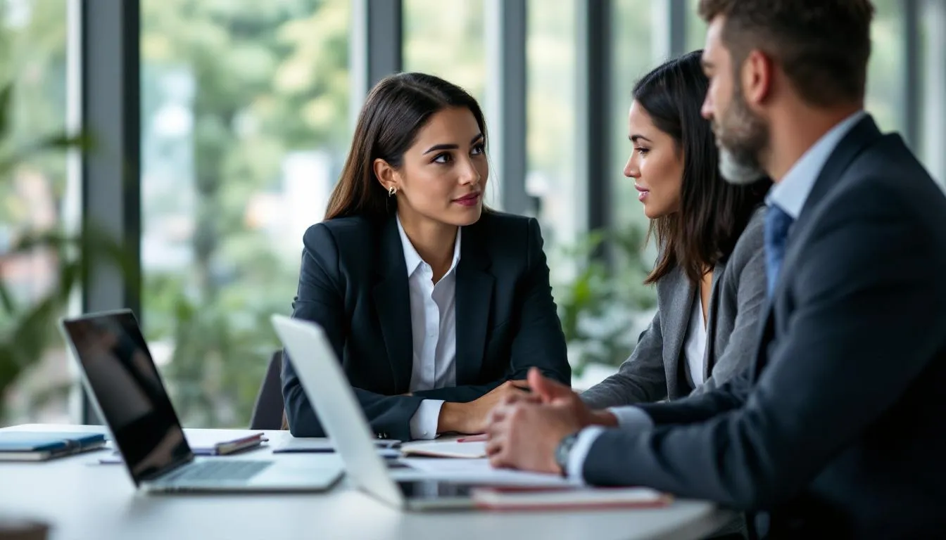 In this image, a mentor and an emerging leader engage in a professional discussion during an executive coaching session, focusing on leadership development and strategic thinking. The interaction highlights the importance of nurturing growth and developing leadership skills for future leaders within the organization.