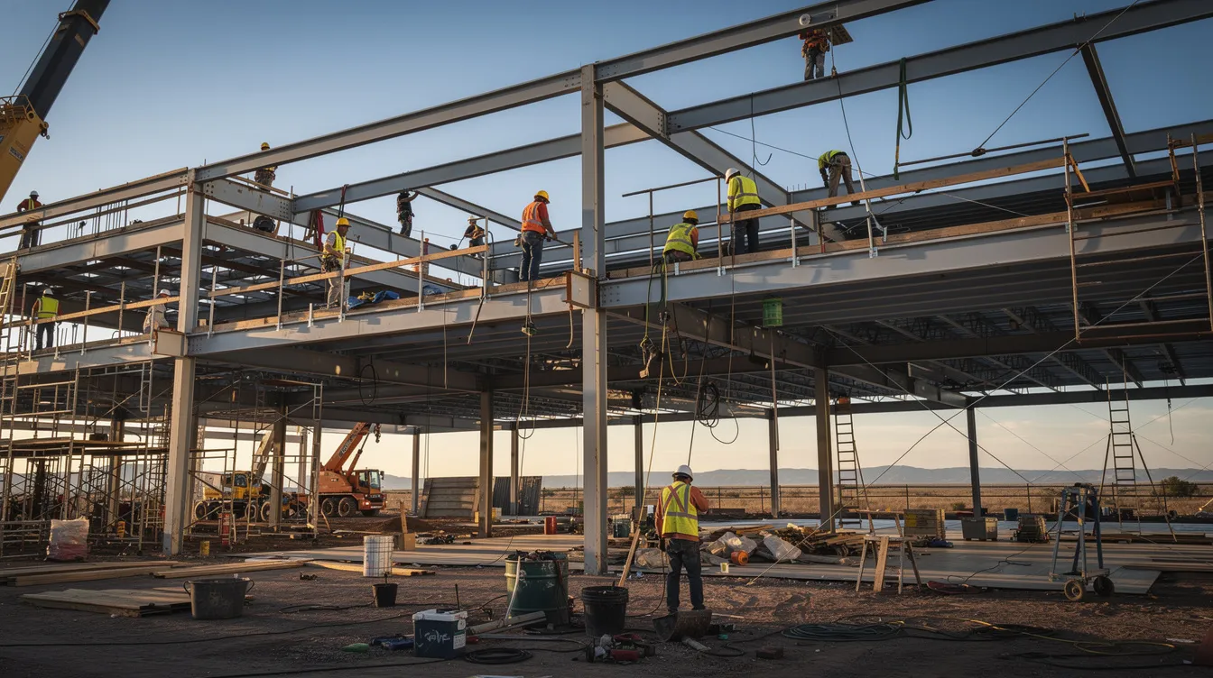 A group of construction workers, wearing hard hats and safety vests, are actively engaged in building a commercial structure against a clear blue sky, showcasing teamwork and dedication in the construction industry. The scene highlights the importance of quality assurance and project completion as they work on the building frame.