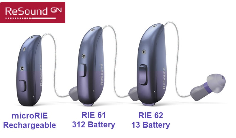 ReSound Vivia Hearing Aids, 3 new models (left to right): microRIE Rechargeable, RIE 61 312 Battery, RIE 62 13 Battery.