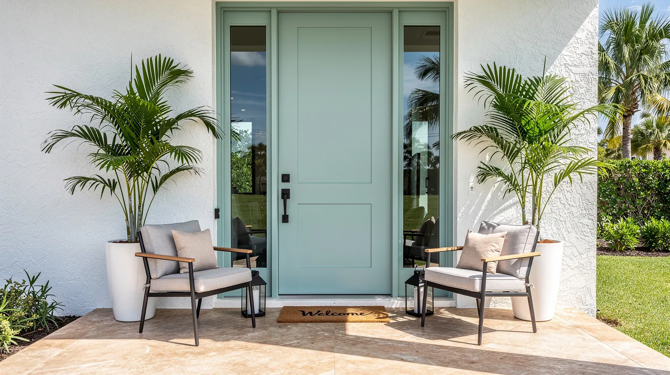 The image depicts a beautifully staged front porch of a Florida home, featuring a cleanly painted front door, modern porch chairs, and potted palms, creating an inviting atmosphere for potential buyers. This well-maintained space, complete with a welcome mat, enhances the home's exterior appeal, making it an attractive option for those looking to sell quickly in the local market.