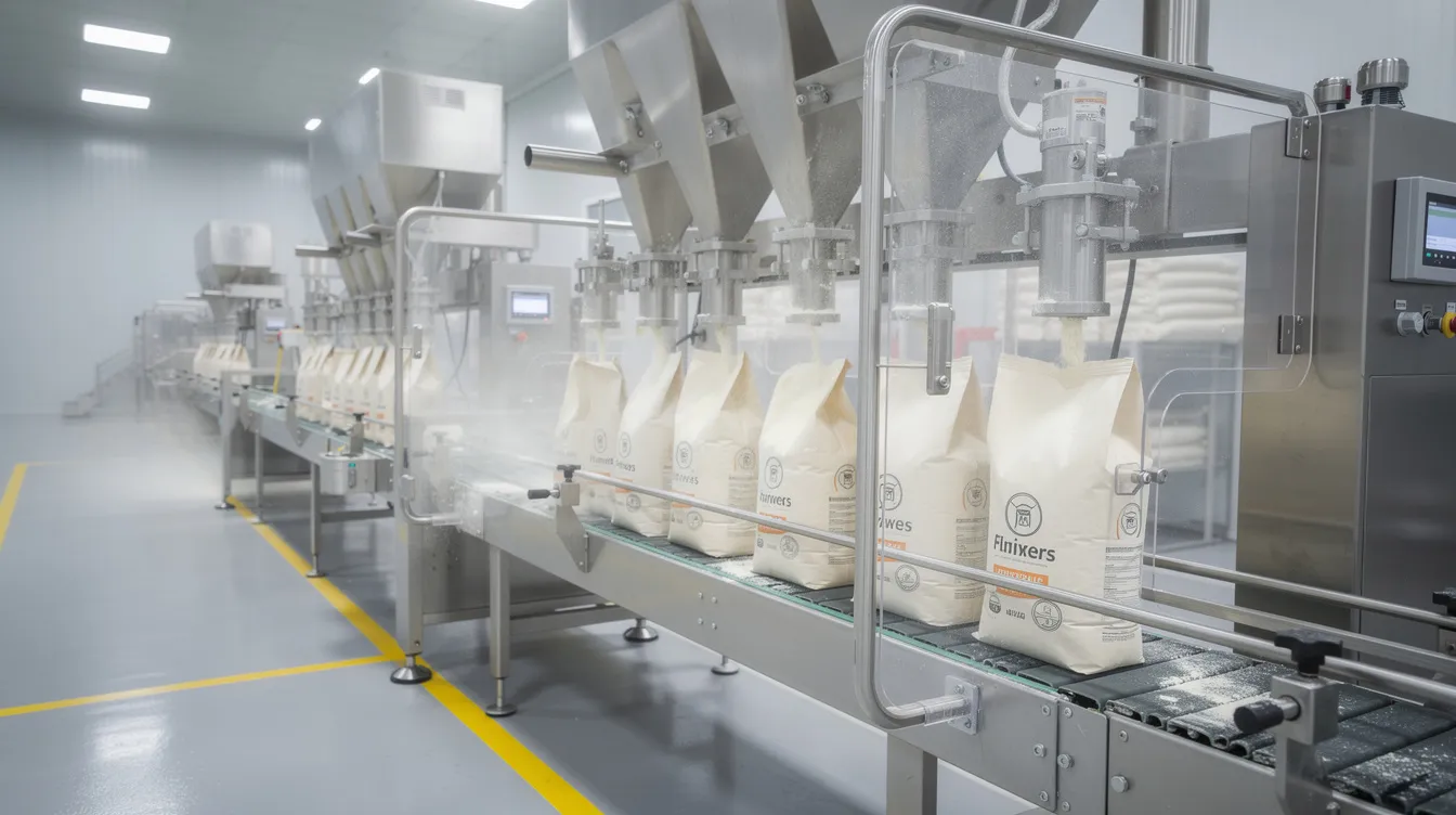 The image features an industrial flour packaging machine equipped with a conveyor belt and an automated filling system, all set within a clean factory environment. This setup is essential for the production process of various flour types, including besan and gram flour, ensuring quality output for customers and suppliers in the industry.