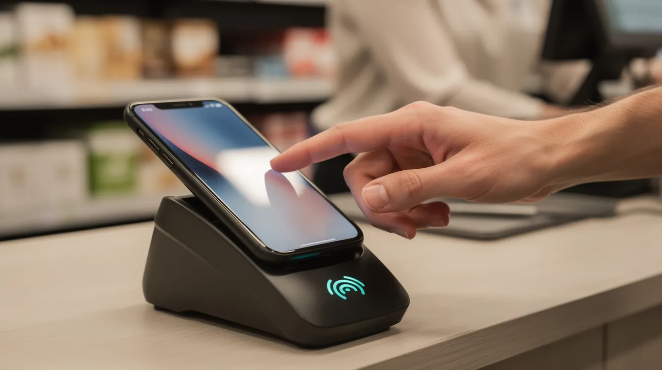 A person is tapping their phone on a card reader at a retail checkout counter, utilizing a buy now pay later (BNPL) service for a convenient payment method. This digital payment process allows for flexible payment options, enabling the user to split the purchase amount into interest-free installments.
