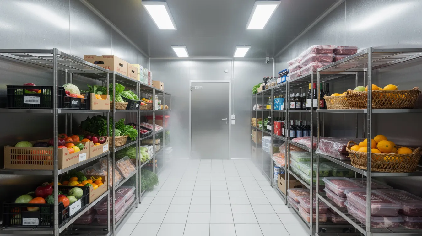 L'image montre l'intérieur d'une chambre froide professionnelle en inox, où des étagères sont soigneusement remplies de produits frais tels que des fruits, légumes, viandes et poissons. Cet espace de conservation respecte les normes d'hygiène et de sécurité nécessaires pour la restauration, assurant une température optimale pour la préservation des denrées.