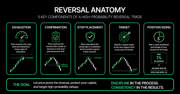 Infographic titled "Reversal Anatomy: 5 Key Components of a High-Probability Reversal Trade" with five green-outlined panels covering Exhaustion, Confirmation, Stop Placement, Target, and Position Sizing, each paired with an icon and candlestick chart illustration. A bottom banner reads "The Goal: Let price prove the reversal, protect your capital, and target high-probability setups. Discipline in the process. Consistency in the results."