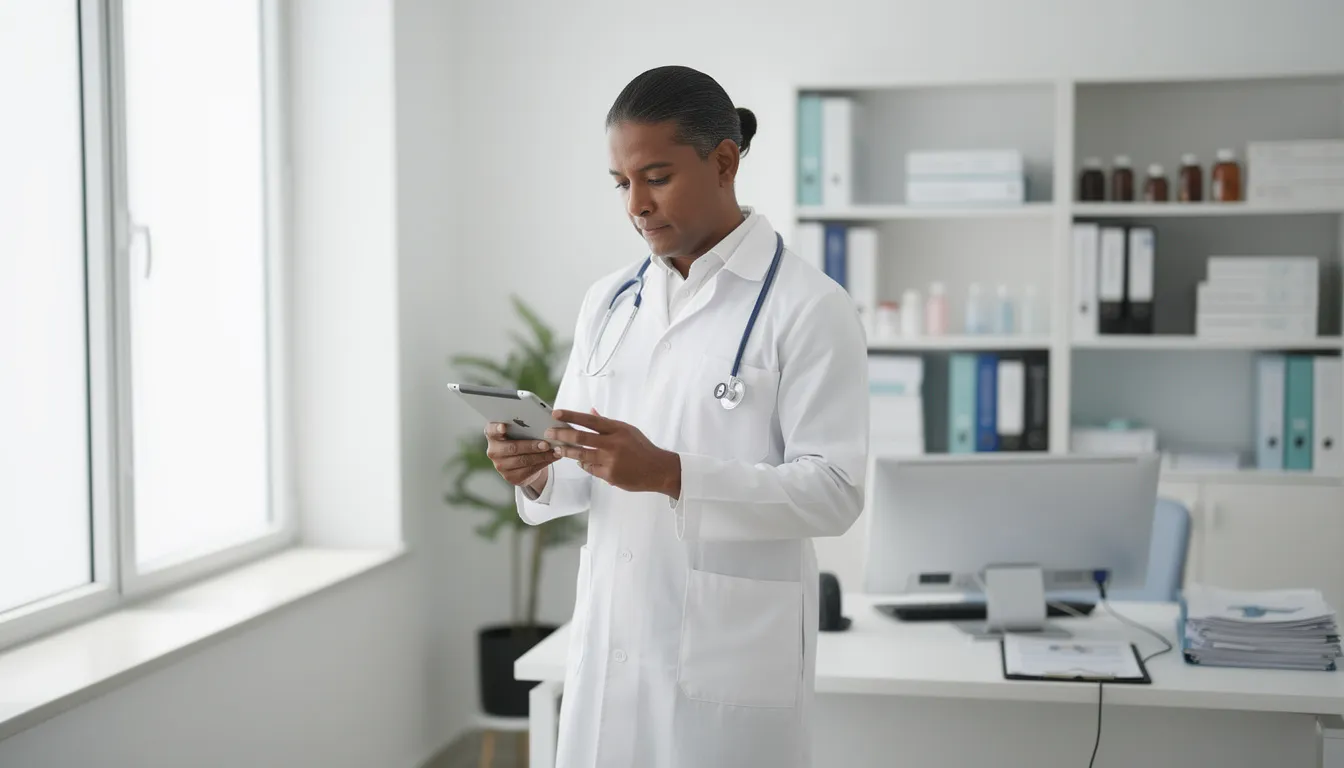 Un médico está revisando información en una tablet moderna dentro de su consultorio bien iluminado, donde se destaca la importancia de las estrategias de marketing médico para atraer pacientes y mejorar la experiencia del paciente. La escena refleja un ambiente profesional que facilita la consulta y el acceso a servicios médicos.