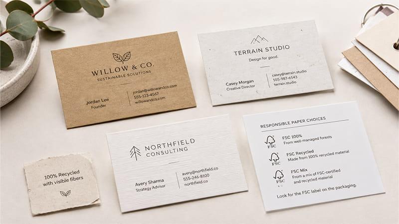 Eco-friendly business cards printed on recycled and responsibly sourced paper stocks