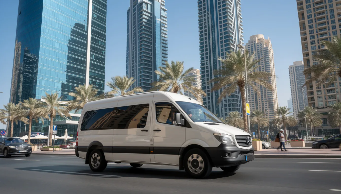 A service van is driving through the bustling Dubai Marina area, showcasing the vibrant cityscape. This professional air conditioning service vehicle is likely equipped to provide essential AC maintenance and repair services, ensuring optimal indoor air quality for residents and businesses in Dubai.