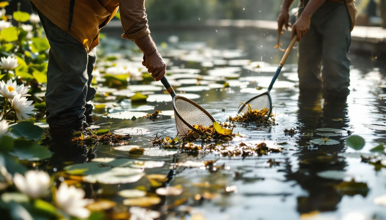 Seasonal maintenance tasks being performed at a garden pond.