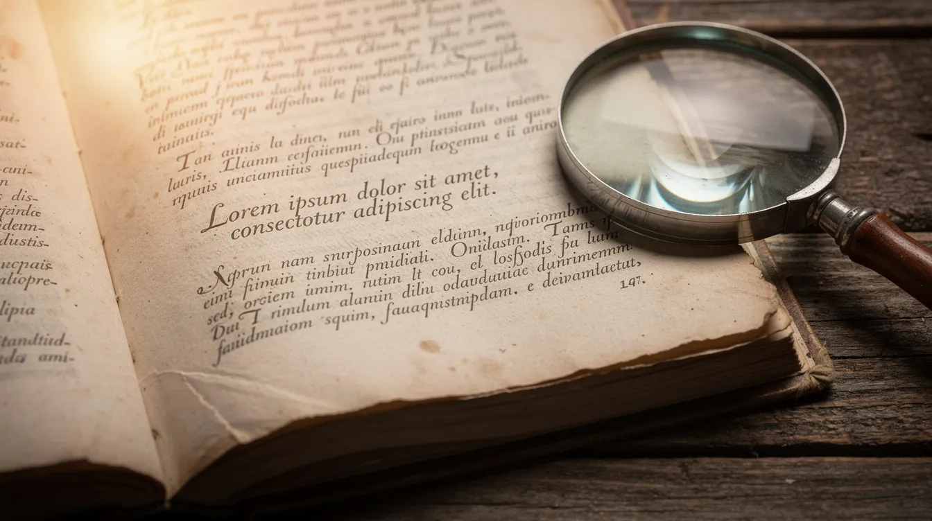 Eine Nahaufnahme zeigt eine aufgeschlagene Buchseite mit lateinischem Text, auf der ein Wörterbuchbegriff wie "erratisch" erklärt werden könnte. Neben der Seite liegt eine Lupe auf einem Holztisch, die den Fokus auf den Inhalt und die Bedeutung des Textes lenkt.