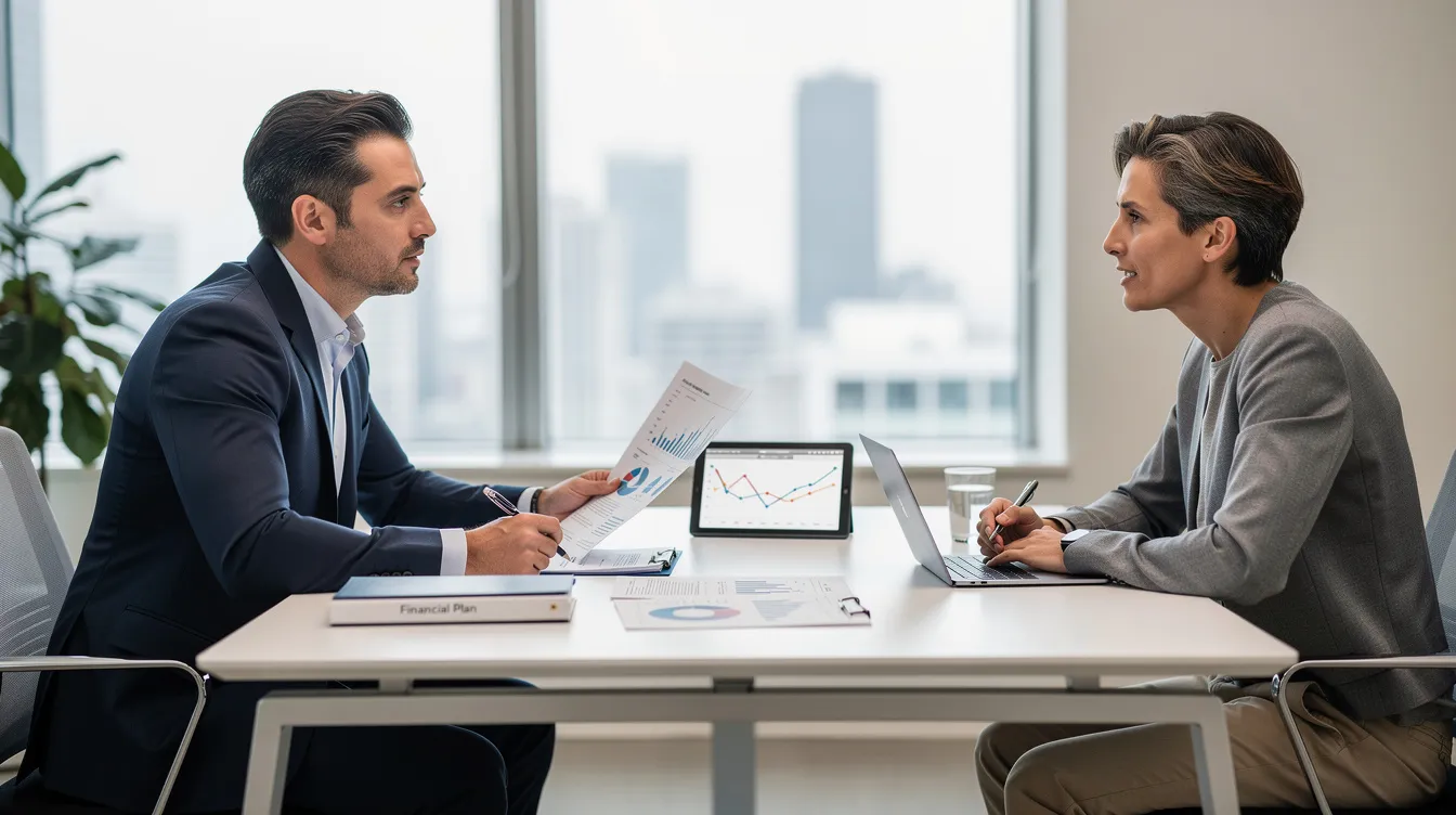 The image depicts a professional meeting between a financial advisor and a client, who are seated across a desk engaged in a discussion about financial options and loans, including 免 tu 貸款 and私人 貸款. The advisor is reviewing documents, likely related to the client's信貸報告 and貸款申請, while the client appears attentive and interested in the conversation.
