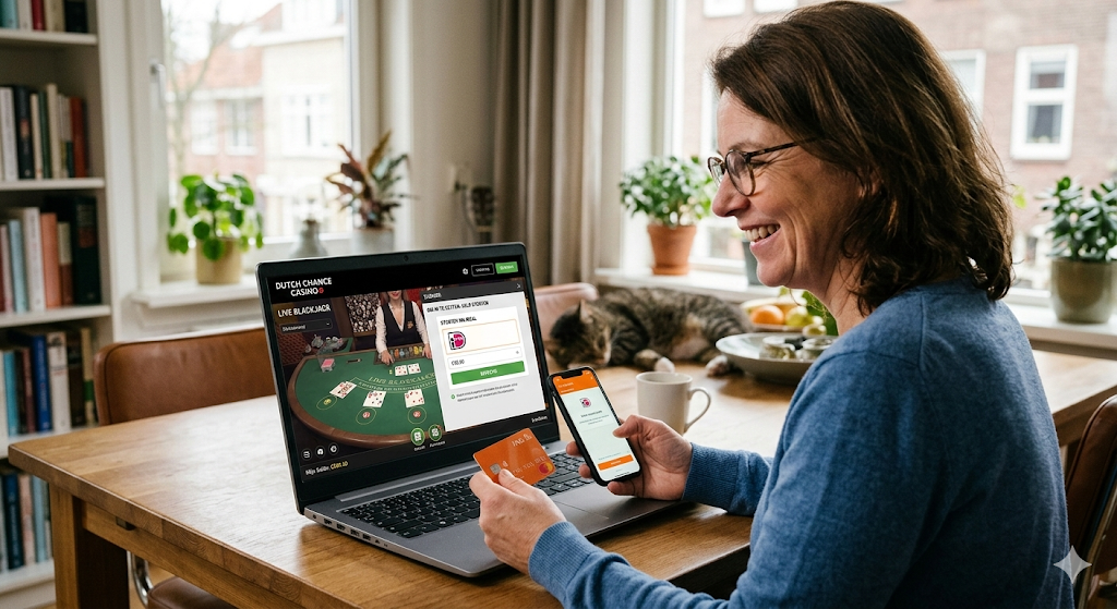 Speler die online casino speelt op laptop en mobiel, terwijl ze een storting doet met bankkaart bij een online casino in Nederland.
