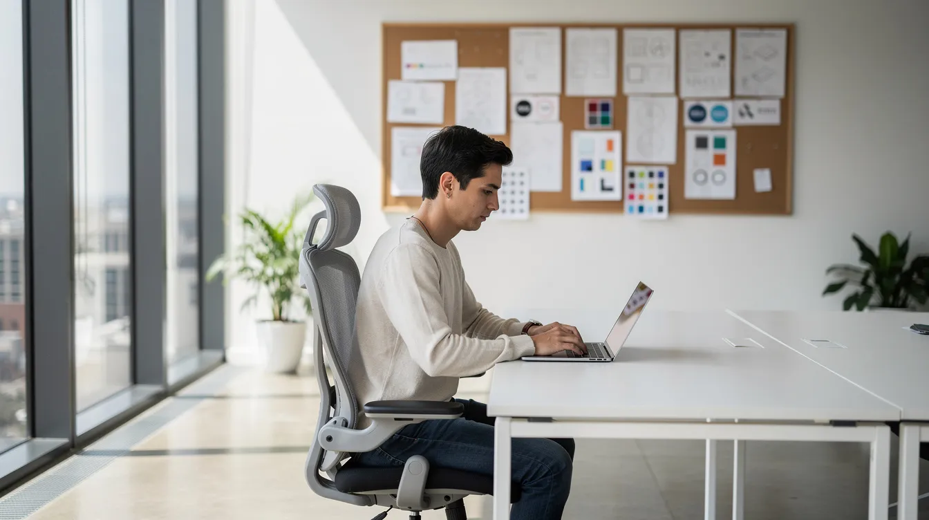 A person is focused on their laptop in a bright, modern office, surrounded by design sketches pinned to the wall, showcasing their work in graphic design services. This setting reflects a creative environment ideal for professional graphic designers working on projects related to brand identity and digital marketing.
