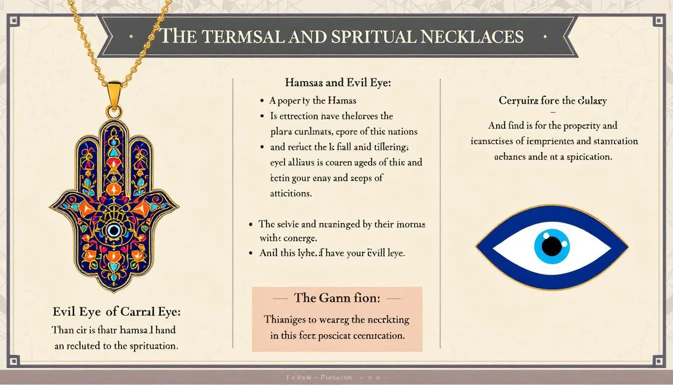 The image showcases a collection of elegant spiritual necklaces featuring the Hamsa hand and evil eye symbols, designed to provide protection and attract positive energy. Each necklace, available in gold vermeil and adorned with gemstones, serves as a daily accessory that promotes spiritual growth and serves as a constant reminder of inner strength and balance.