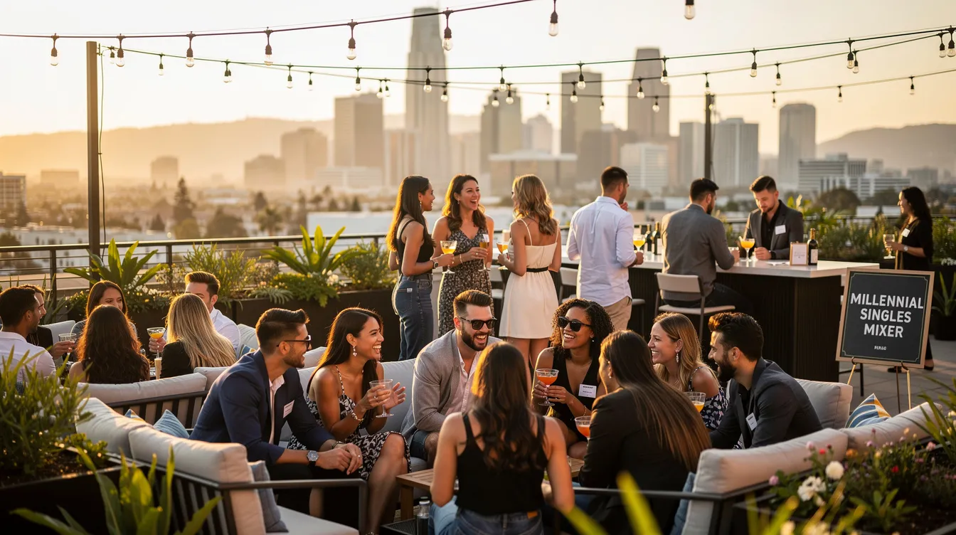 The image depicts a lively rooftop singles mixer event in Los Angeles, where millennial singles gather in a relaxed environment to meet new people and connect over drinks and conversation. The backdrop features the city skyline, creating a vibrant atmosphere for those interested in the dating scene and looking for their next fun thing.