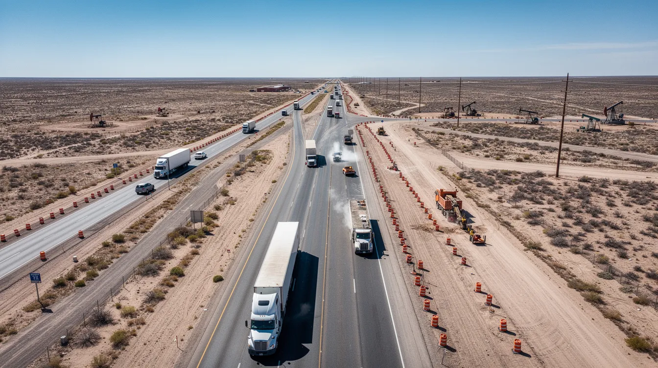 An aerial view captures a busy West Texas highway, lined with commercial trucks navigating through work zones against a flat desert backdrop. This bustling scene highlights the prevalence of truck accidents, emphasizing the need for experienced truck accident attorneys in Midland to assist victims in navigating the legal process and seeking fair compensation for their injuries and damages.