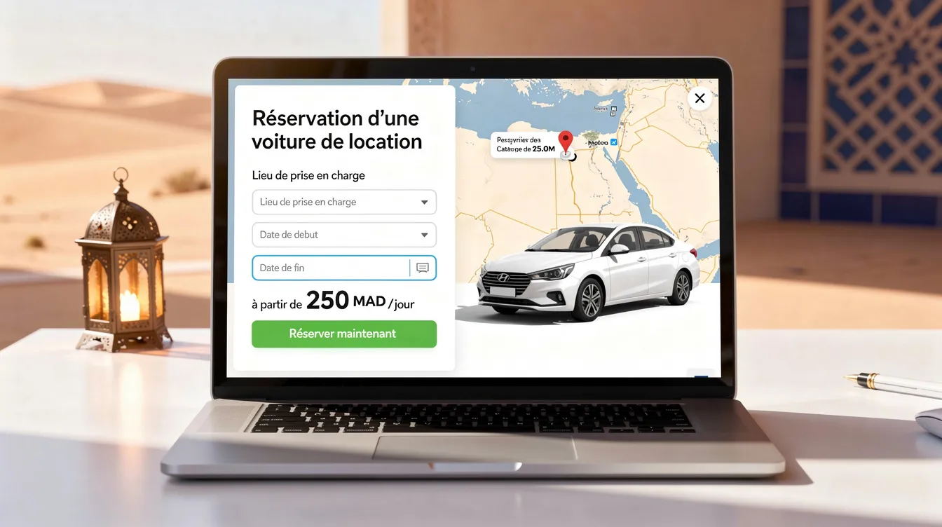 Une image illustrant la réservation d'une voiture de location au Maroc sur une plateforme en ligne, mettant en avant des options de véhicules, des tarifs compétitifs et un service client disponible pour aider les clients dans leur choix. Le site présente également des offres de location adaptées aux besoins des voyageurs.