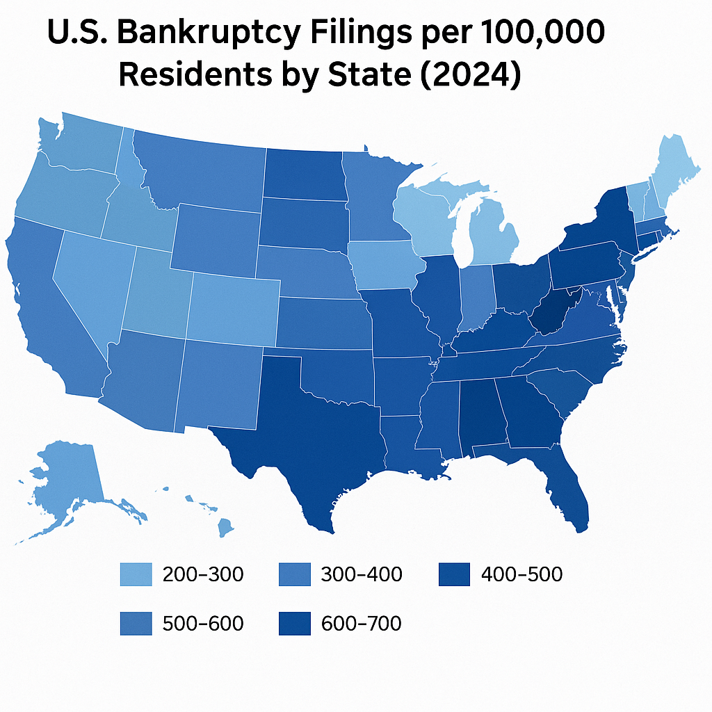 Choropleth map of the United States showing bankruptcy filings per 100,000 residents by state in 2024, using a blue gradient to indicate severity.