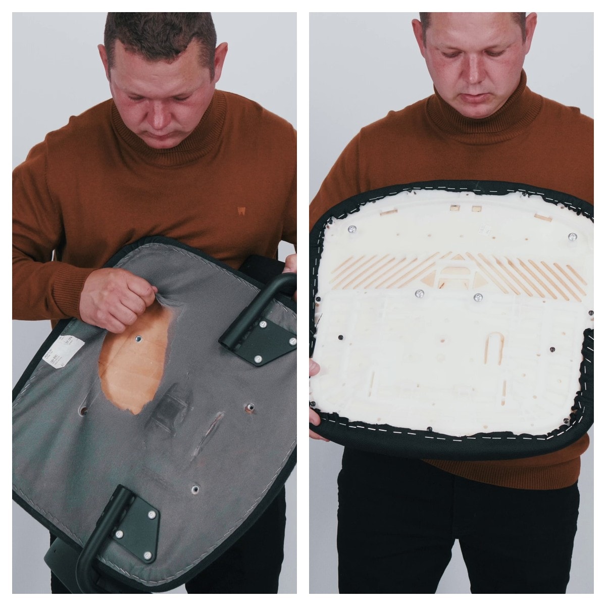 Siedzisko siatkowe czy piankowe – które rozwiązanie wybrać do fotela biurowego? 4 Porównanie podstawy siedziska z taniego fotela z siedziskiem z markowego. Źródło: Brastech