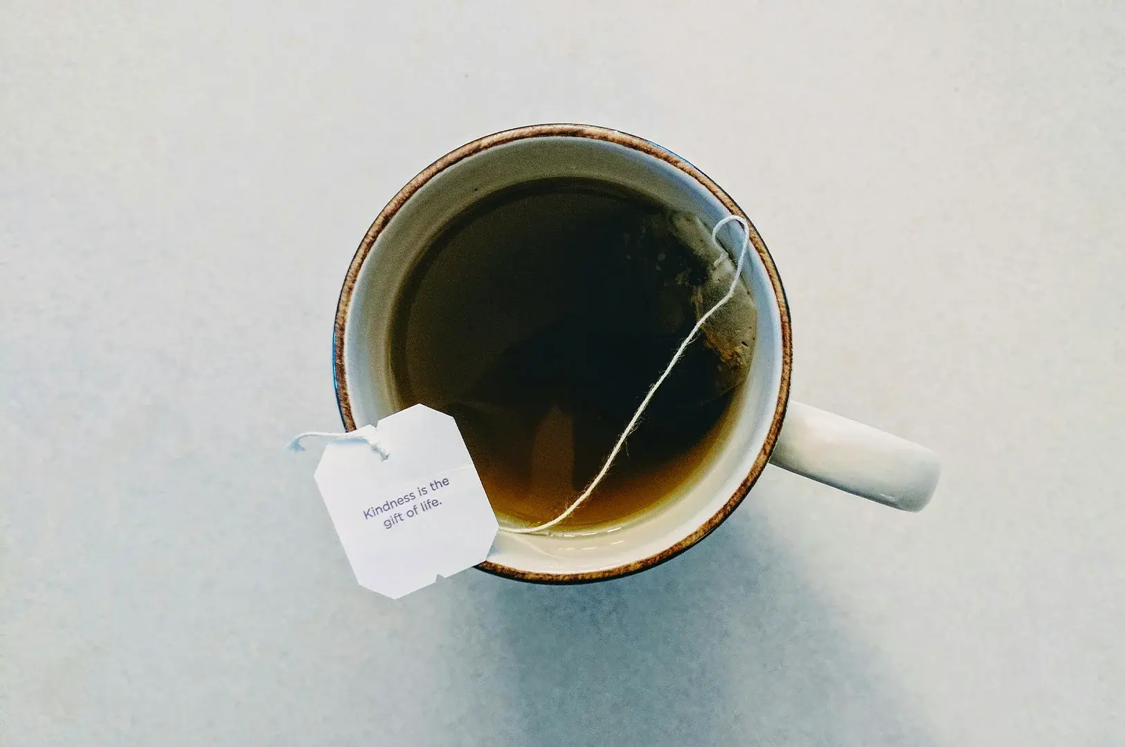 A clean, minimalist overhead shot features a rustic ceramic mug filled with dark steeped tea resting against a smooth, light grey background. A single tea bag is submerged inside, with its white string draped over the rim to display a square white tag resting on the counter, which features the inspirational phrase, "Kindness is the gift of life," printed in a simple, dark purple sans-serif font.