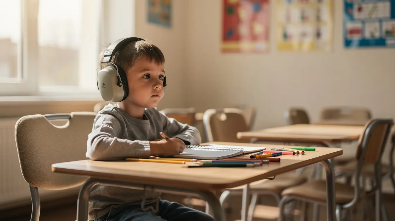 A calm child wearing noise-reducing headphones sits at a desk in a well-lit classroom, showcasing a supportive learning environment for autistic students. This setting helps accommodate sensory processing differences, promoting academic success and enhancing classroom participation.