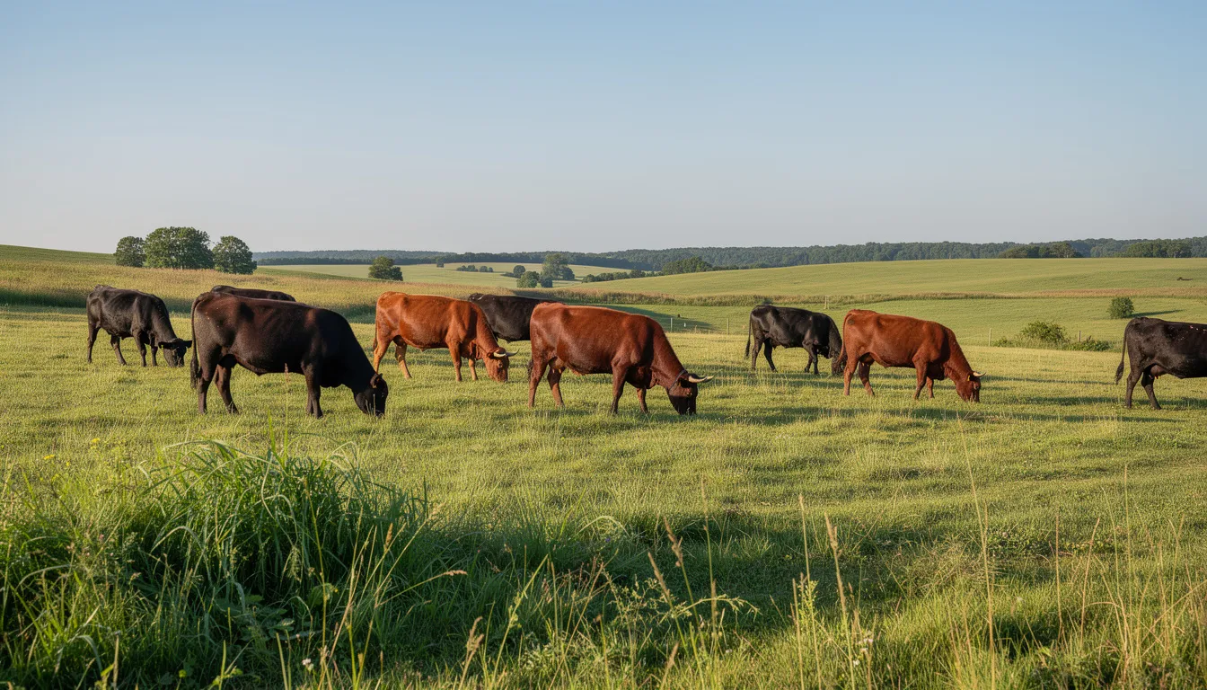 The image depicts grass-fed cattle peacefully grazing on lush open pastureland beneath a clear blue sky, showcasing the natural environment where these animals thrive. This serene scene highlights the importance of high-quality, grass-fed beef, which aligns with the values of pet parents seeking nutritious treats like premium bully sticks for their furry friends.