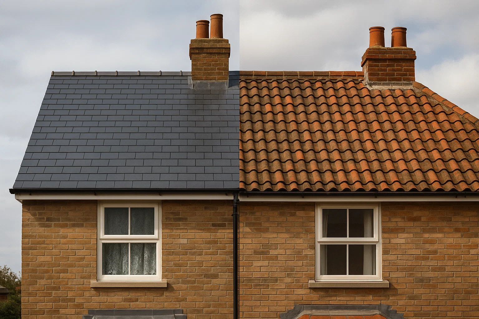 UK homes side by side, one with a slate roof and the other with clay tile roofing, showing material differences.
