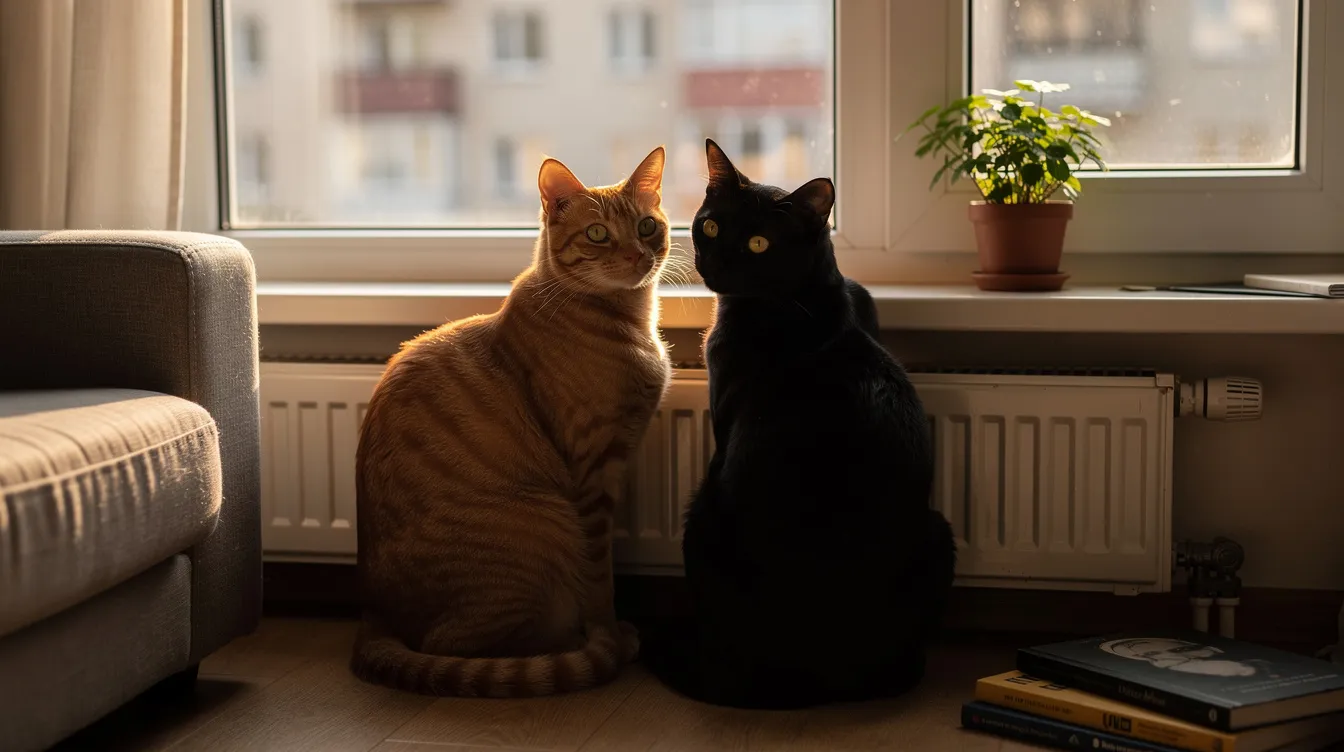 The image shows two domestic cats sitting side by side near a window in a small apartment, basking in the sunlight. Their relaxed demeanor suggests a peaceful environment, ideal for cat owners looking to create a fresher home, although the presence of urine odors from litter boxes can be a concern for maintaining a pleasant atmosphere.