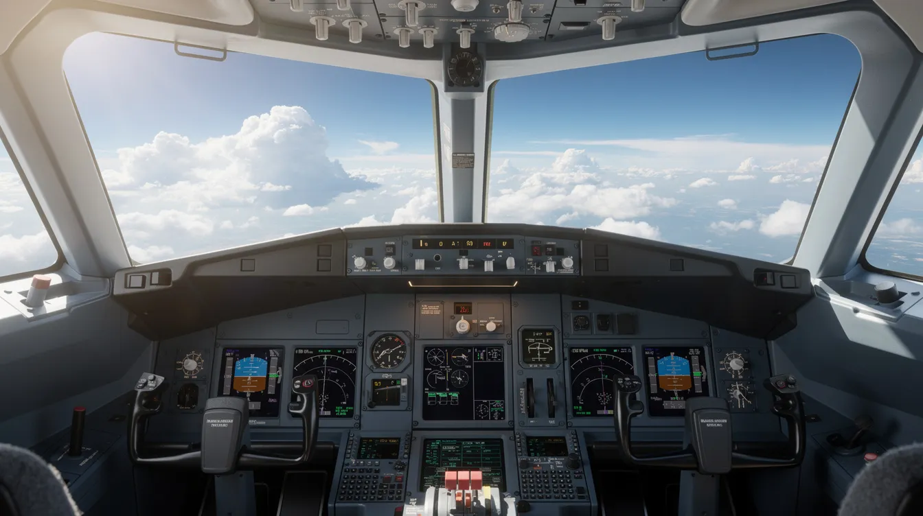 The image shows the view from inside the cockpit of a Boeing 757-200 during flight, with a clear blue sky and fluffy white clouds visible through the large windshield. The flight deck is equipped with various instruments and controls, showcasing the advanced technology used by pilots to operate intercontinental routes.
